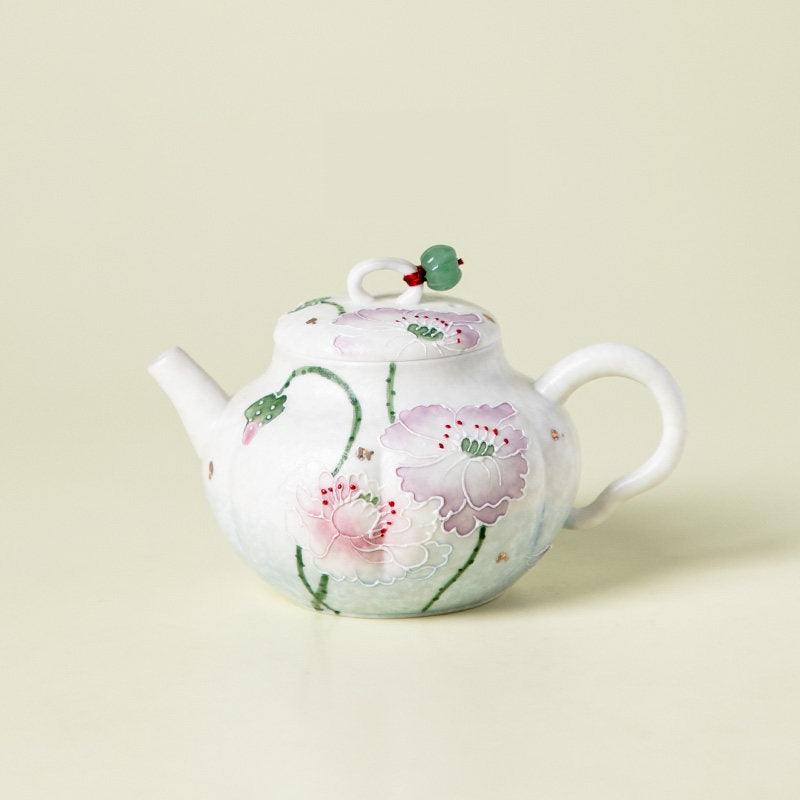 Hand-Painted Lotus Flower Blue Dye Ceramic Teapot
