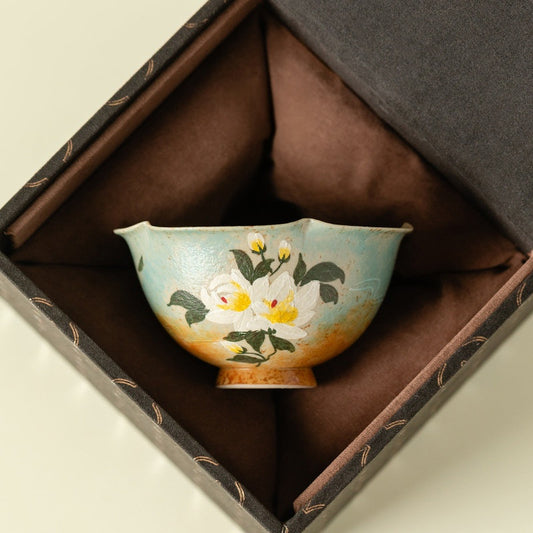 Hand-Painted Gardenia Ceramic Teacup | Gift Boxing