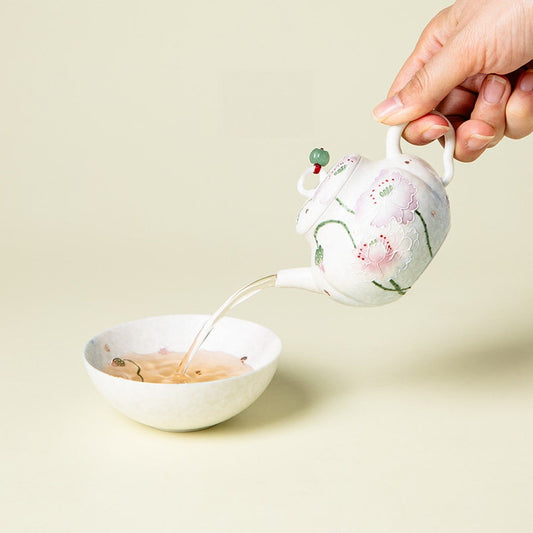Hand-Painted Lotus Flower Blue Dye Ceramic Teapot