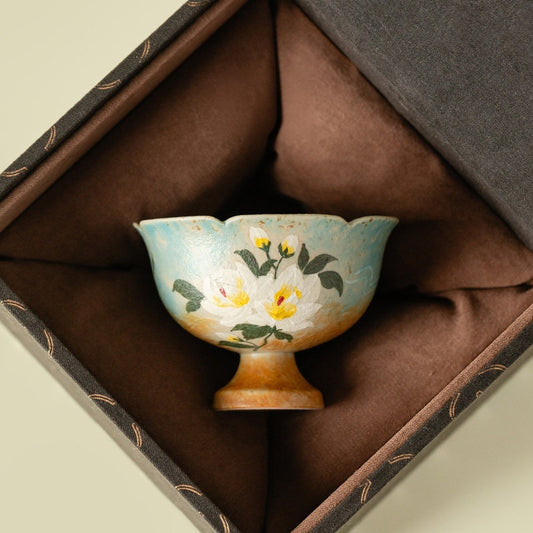 Hand-Painted Gardenia Huayin Footed Teacup | Gift Boxing