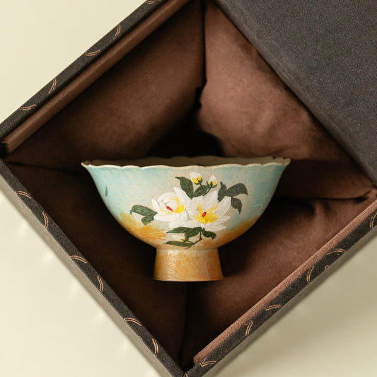Hand-Painted Gardenia Ceramic Footed Tea Cup | Gift Boxing
