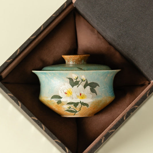Hand-Painted Gardenia Ceramic Tea Bowl | Gift Boxing