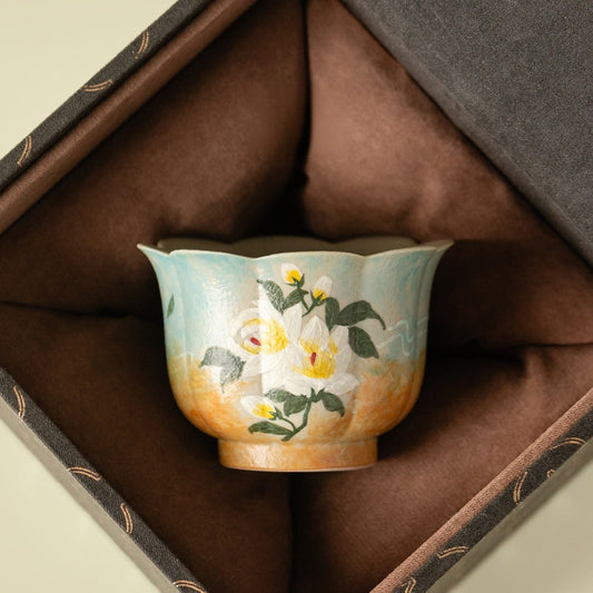 Hand-Painted Gardenia Footed Teacup | Gift Boxing