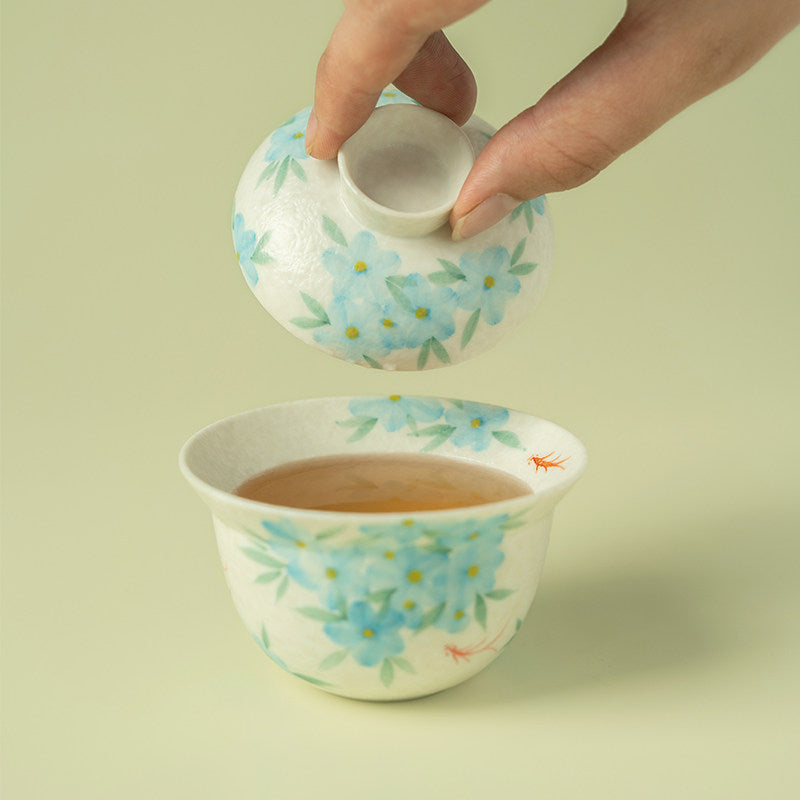Hand-Painted Blue Star Flower Gaiwan Tea Cup