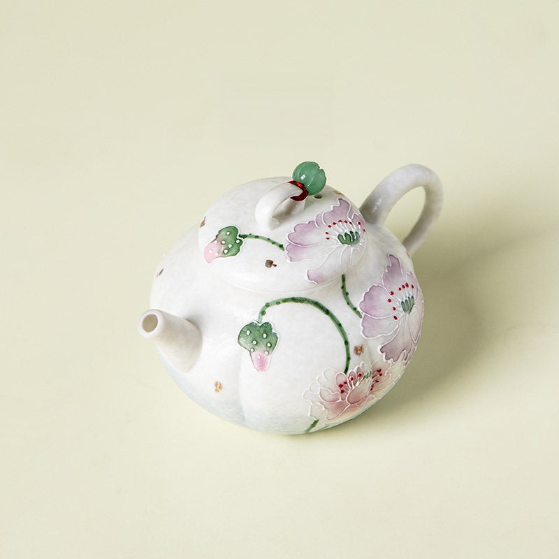 Hand-Painted Lotus Flower Blue Dye Ceramic Teapot
